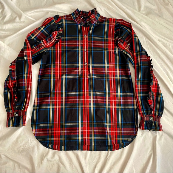 J Crew Tartan Plaid Ruffle Holiday Button Up Top Size Small - Picture 6 of 6
